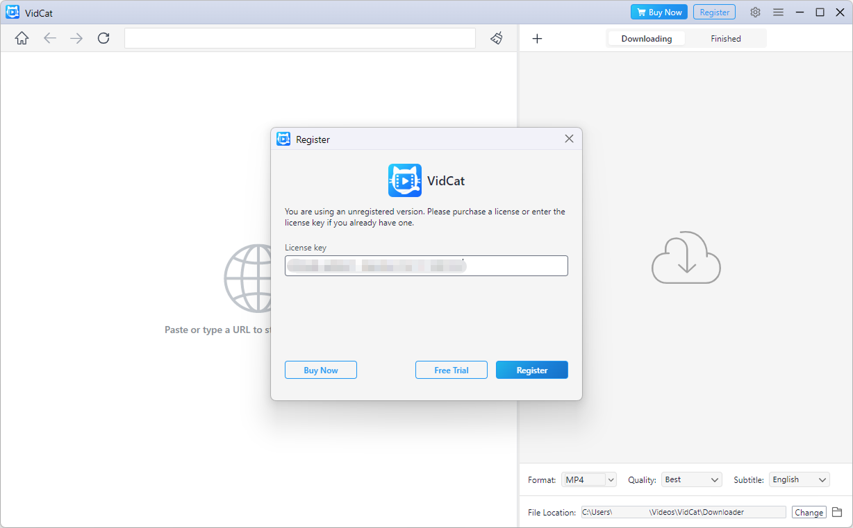 vidcat register with license